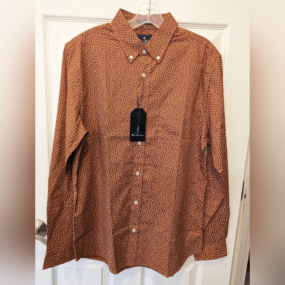 NWT Ben Shirman Men's Carmel brown Stretch button long sleeve down dress Shirt M